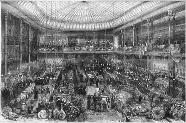 Pariisin tavaratalot: näkymä Little Saint Thomas -myymälähalliin vuonna 1878. Kaiverrus Scottin teoksesta "" The Illustrous World"" nro 1124, 12. lokakuuta