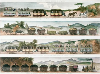 Matkustajat ja rahti ensimmäisellä Ranskan linjalla, joka avattiin Lyonin ja St. Etiennen välillä, 1829 (väri litho)