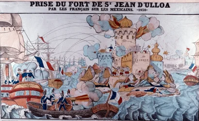 Leivonnaisten sota: Ranskan joukkojen hyökkäys Meksikoon 27. marraskuuta 1838, Veracruzin taistelu (Epinal print)