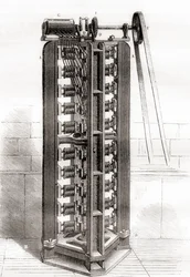 Paul-Gustave Fromentin pystysuora sähkömoottori, n. 1844, Les Merveilles de la Science, julkaistu n. 1870 (kaiverrus)