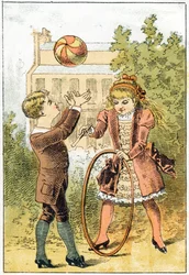 Paul pelaa palloa ja Louise pelaa vannetta - kirjassa "Alphabet des petits savants", 1800-luvun lopulla (kromolitografia)
