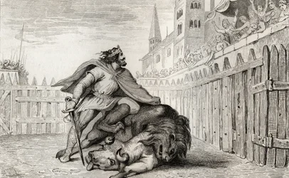 Pepin III (714-68) Lyhyt leijonan ja härän kanssa, Colartin "Histoire de France" -kirjasta, julkaistu noin 1840