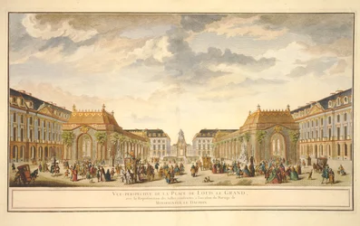 Perspektiivinäkymä Place de Louis le Grandille ja huoneet, jotka on rakennettu Monseigneur le Dauphinin hääjuhlaa varten (värikaiverrus)