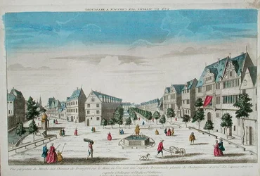 Perspektiivinäkymä Rossmarktille, Frankfurt (värillinen kaiverrus)