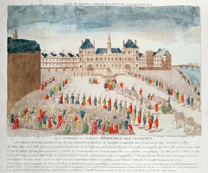Perspektiivikuva Louis XVI:n (1754-93) saapumisesta Hotel de Villeen, 17. heinäkuuta 1789