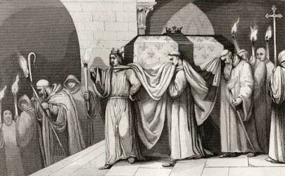 Philippe III (1245-85) rohkea auttaa kantamaan isänsä arkkua Colartin "Histoire de Francesta", julkaistu n. 1840