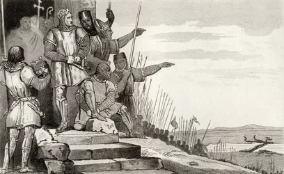 Philippe II Auguste (1165-1223) voittaa Bouvinesin taistelun rukouksen jälkeen, Colartin "Histoire de France" -teoksesta, julkaistu noin vuonna 1840.