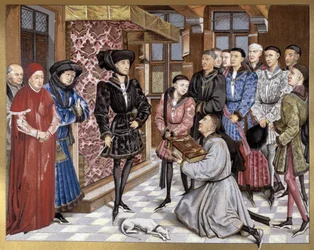 Philippe Le Bon ja Charles the Bold vastaanottavat kirjan omistuksen