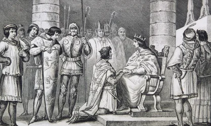 Philippe VI (1293-1350) de Valois osoittaa kunnioitusta Englannin Edward III:lle (1312-77), mutta vain Akvitanian herttuana Colartin teoksesta "Histoire de France", julkaistu noin 1840.