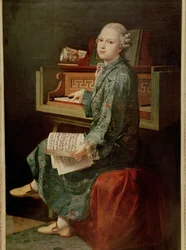 Kuva nuoresta miehestä pianon ääressä, jonka sanotaan olevan Mozart ...