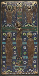 Muistolaatta kirjan kannesta, jossa on ristiinnaulitseminen, 1200-luvun alku (kupari: kullattu, kaiverrettu, jahdattu; champlevé-emali; puuydin)