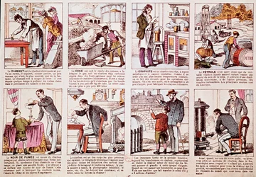 Kivihiilen tuotannon historiaa ja erilaisia johdannaisia kuten timantti, koksi (polttoaine), grafiitti ja öljy (kaiverrus) kuvaava levy