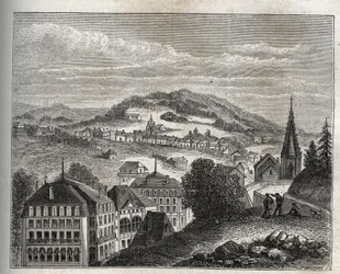 Plombieres-les-Bains (Plombieres les Bains) Vogeesien lämpökylpylä - kaiverrus "La France illustree: maantiede, historia, tilastohallinto" V.A. Maltaanruskea. 1884