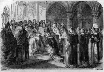 Paavi Adrien II (792-872) luovutti yhdelle legaatistaan lordi Normandia vastaan ​​erotuskuplan. Maurice Lachatren kaiverrus "Histoire des Papes-Rois-Queen and Empereurs a travers les centuries"