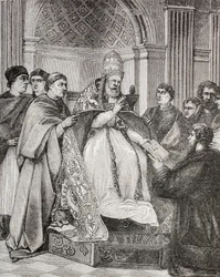 Paavi Gregorius IX luovuttamassa dekretaaleja konsistorian puolestapuhujalle Paul Lacroixin teoksesta "Military and Religious Life in the Middle Ages", julkaistu Lontoossa n. 1880