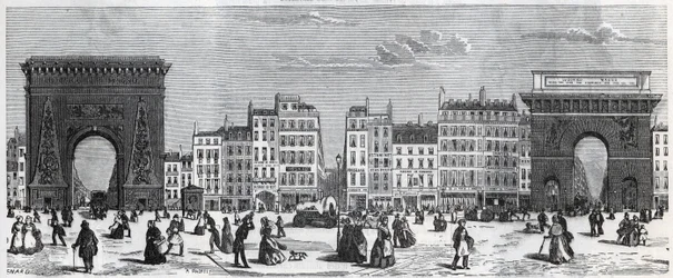 Porte Saint-Denis ja rue faubourg Saint Denis - porte saint Martin ja rue faubourg Saint-Martin Edmond Texierin (1815-1887) kaiverrus "" Tableau-de-Paris ""