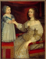 Muotokuva Anne Itävallasta, Ranskan kuningattaresta (1601-1666) ja delfiini Louis XIV -lapsesta (1638-1715) Maalaus ranskalaisesta koulusta. Ennen 1643. Aurinko 1,2x0,96 m