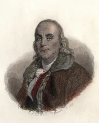Muotokuva Benjamin Franklinista (1706-1790), yhdysvaltalainen fyysikko, filosofi ja poliitikko. kirjassa "Portraits des Hommes hyödyllinen"