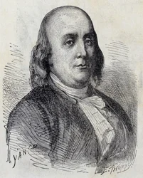 Muotokuva Benjamin Franklinista (1706 - 1790), yhdysvaltalaisesta poliitikosta, muistokirjoittajasta, pamfletista ja fyysikistä - "" Album of Sciencessä; maineikkaat tutkijat; Suuria löytöjä””” 1896.