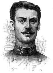 Muotokuva kapteeni Joseph Gallienista (1849-1916), ranskalainen sotilas ja tutkimusmatkailija. Kaiverrus "" Le Monde Illustré" -julkaisussa nro 254, 9. huhtikuuta 1881.