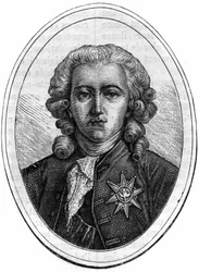 Charles Alexandre de Calonnen muotokuva, Ludvig XVI:n (1734-1802) aikainen ranskalainen poliitikko, varainhoidon valvoja. Kaiverrus Maurice Lachatren teokseen "Paavien-kuninkaiden-kuningattaren ja keisarien historia vuosisatojen ajan"
