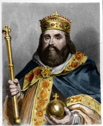 Muotokuva Kaarle III 3:sta, Grosista (839-888), lännen keisarista (881 - 887) ja Ranskan hallitsijasta (884 - 887) - Lavalleen teoksessa "Histoire des Francais", kaiverrus, sd.