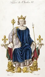 Kaarle VI:n muotokuva valtaistuimellaan - kaiverrus 1800-luvulta