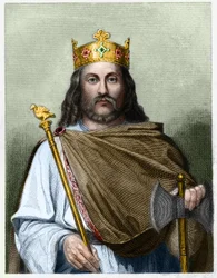 Neutrian kuninkaan Chilperic I:n (539 - 584) muotokuva - Lavalleen "Histoire des Français" -kirjassa, kaiverrus, sd.