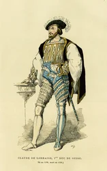 Guisen ensimmäisen herttua Claude de Lorraine (1496-1550) muotokuva. Värikaiverrus, teoksessa "Ranska ja ranskalaiset vuosisatojen ajan" Augustin Challamel, F.Royn toimittaja, Paris 1882. Selva Collection.