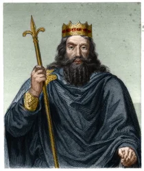 Frangien kuninkaan Clovis I:n (s. 466 - 511) muotokuva - Lavalleen "Histoire des Francais" -kirjassa, kaiverrus, sd.