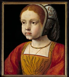 Muotokuva Habsburgilaisen Eleonoren lapsesta, Portugalin ja sitten Ranskan kuningattaresta (1498-1558) Maalaus ranskalaisesta koulusta. 1500-luvun aurinko. 0,3x0,23 m versailles, linnan museo