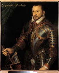 Francois I:n, Montmorencyn herttuan, Ranskan marechalin (1530-1579) muotokuva panssarissaan, johon on kaiverrettu hänen monogramminsa ja hänen vaimonsa Diane de Francen maalaus 1500-luvun ranskalaisesta koulusta. Himmeä. 0,87x0,74 m. Versailles, Chateaux d