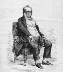 Henry Monnierin (1799-1877) muotokuva, ranskalainen näytelmäkirjailija, sarjakuvapiirtäjä ja koomikko. Hän on pukeutunut "Monsieur Prudhommeksi", Monnierin keksimäksi hahmoksi, sarjakuvaksi ranskalaisesta porvaristosta 1800-luvulla. Kaiverrus "" Le Monde I