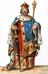 Muotokuva Hugues I Capetista (v. 941 - 996), Ranskan herttuasta ja sitten Ranskan kuninkaan. 1800-luvun lopun kromolitografia.