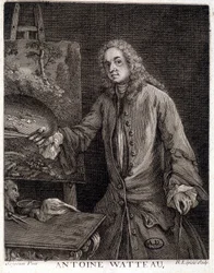 Ranskalaisen taidemaalarin Jean Antoine Watteaun (1684-1721) muotokuva - kaiverruskuvaus