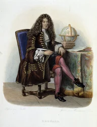 Muotokuva Jean Francois Regnardista, ranskalaisesta kirjailijasta ja näytelmäkirjailijasta (1655-1709) - Mennechetin teoksessa "Le Plutarque francais"