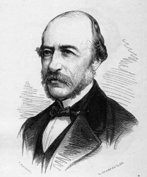 Ranskalaisen runoilijan Joseph Autranin (1813-1877) muotokuva. Kaiverrus "" Le Monde Illustré" -julkaisussa nro 1040, 17. maaliskuuta 1877.