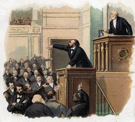 Muotokuva Leon Gambettasta (1838 - 1882) galleriassa. Kromolitografia (Chromo) 1900-luvun alusta.