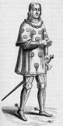 Muotokuva Louis de Maletista, Gravillen herrasta (n. 1441-n. 1519), Ranskan amiraalista vuonna 1487, sota- ja turnausasussa. Kaiverrus kirjassa "La Marine et les colonies: kauppa"