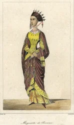 Muotokuva Marguerite de Provencesta (1221 - 1295), Ranskan kuningatar, Louis IX:n vaimo. Kaiverrus 1800-luvulta.