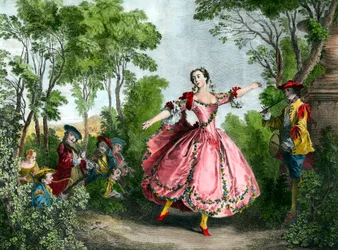 Muotokuva Marie Anne de Cupius de Camargo dit La Camargo (1710-1770) tanssijasta Kaiverrus 1700-luvun Pariisista. Oopperan kirjastomuseo