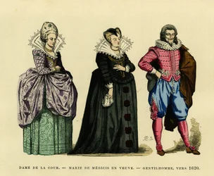 Muotokuva Ranskan kuningattaresta Marie de Mediciksen (1573-1642), lesken tapana, hovin naisen ja herrasmiehen ympäröimänä, noin 1620. Värikaiverrus, kirjassa "France et les francais a travers les siecles" Augustin Challamel, F. Royn toimittaja, Paris 18