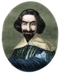 Espanjalaisen kirjailijan Miguel de Cervantes Saavedran (1547-1616) muotokuva. Kaiverrus vuodelta 1852 Velasquezin maalauksesta.