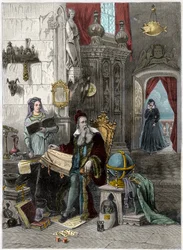 Nostradamuksen muotokuva, Michel de Notre Dame (1503-1566) Ranskalainen astrologi ja lääkäri Catherine de Mediciksen (Caterina de Medici) kanssa (1519 - 1589) - 1800-luku (kaiverrus)