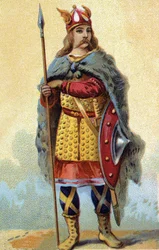 Muotokuva Pharamondista (tai Pharamunista tai Faramundista tai Paramundista), Salian frangien kuningas (hallitus 420-428). Kromolitografia noin 1890.