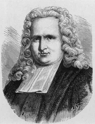Muotokuva Pieter (Petrus, Pierre) van Musschenbroekista (1692 - 1761), hollantilainen fyysikko, ensimmäisen sähkökondensaattorin (Leidenin pullon) keksijä vuonna 1745 - Tiedealbumissa; maineikkaat tiedemiehet; Suuria löytöjä””” 1896.