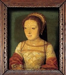 Ranskalaisen Reneen muotokuva, Ferraran herttuattaren Ludvig XII:n tytär (1510 - 1575). Öljy puulle, 0,16 x 0,13 m. anonyymi maalaus. 1500-luvun ranskalainen koulu.