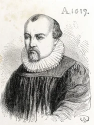 Salomon de Causin (1576-1624), ranskalaisen fyysikon muotokuva - "" Tiedealbumissa; maineikkaat tutkijat; Suuria löytöjä””” 1896.