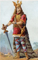 Gallialaisten kuninkaan Vercingetorixin (72-46 eKr.) muotokuva. Kromolitografia noin vuodelta 1890.