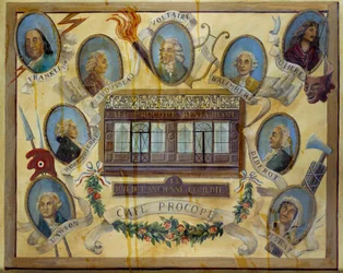 Muotokuva historiallisista henkilöistä ja näkymä pariisilaisesta kahvilasta Le Procope: Benjamin Franklin, Jean Jacques Rousseau, Voltaire, Jean D